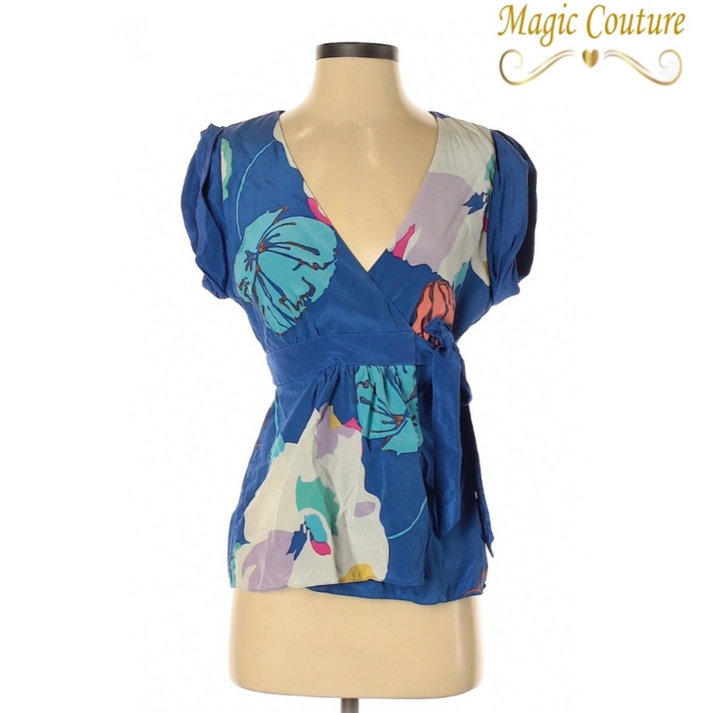 tibi Colorful Floral Silk Wrap Blouse💙💗💙